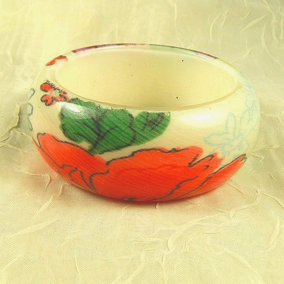 Hand Painted Floral Bangle Bracelet Purple Blue Red Ivory Statement Boho Vintage - Picture 2 of 3
